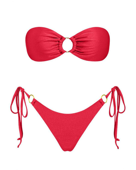 Red glitter bandeau bikini with gold-tone O-rings and side-tie bottoms on a model in a sunny outdoor setting. - Image 51