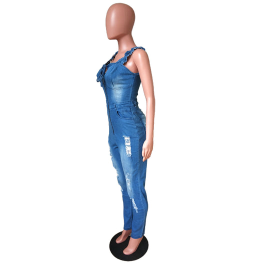 Mono Denim Blanco Ajustado con Encaje Plisado y Detalles Rotos para Mujer - Image 10