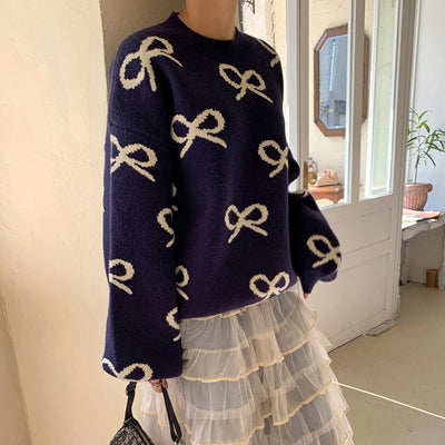 Suéter Jacquard con Moño y Cuello Redondo - Blusa Holgada de Manga Larga - Image 12
