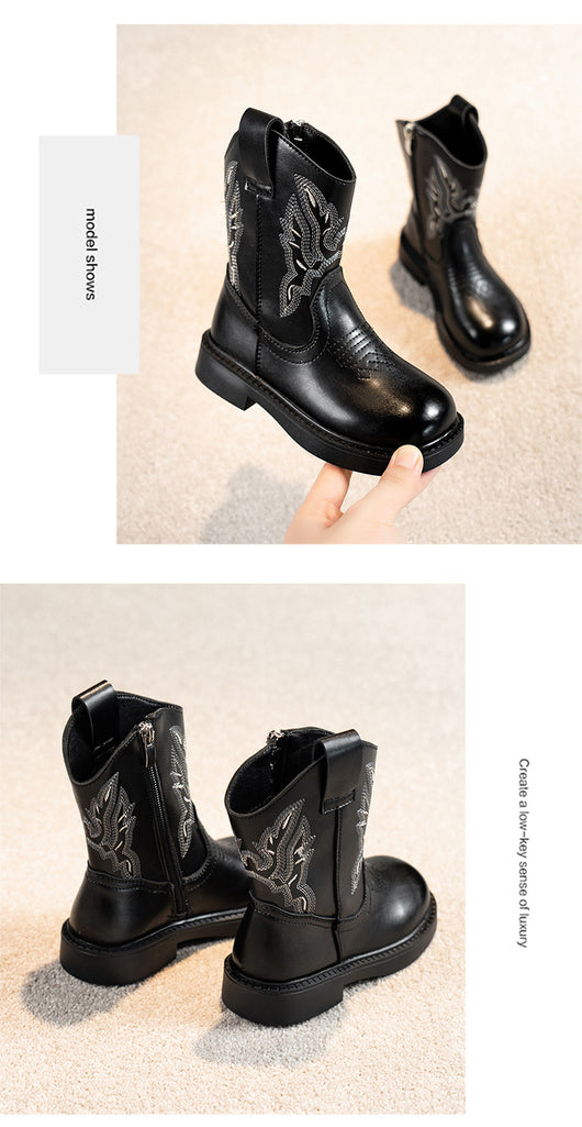 Girls' brown Martin boots with white ethnic embroidery, side zippers, and black soles, displayed on a light carpet. - Image 21