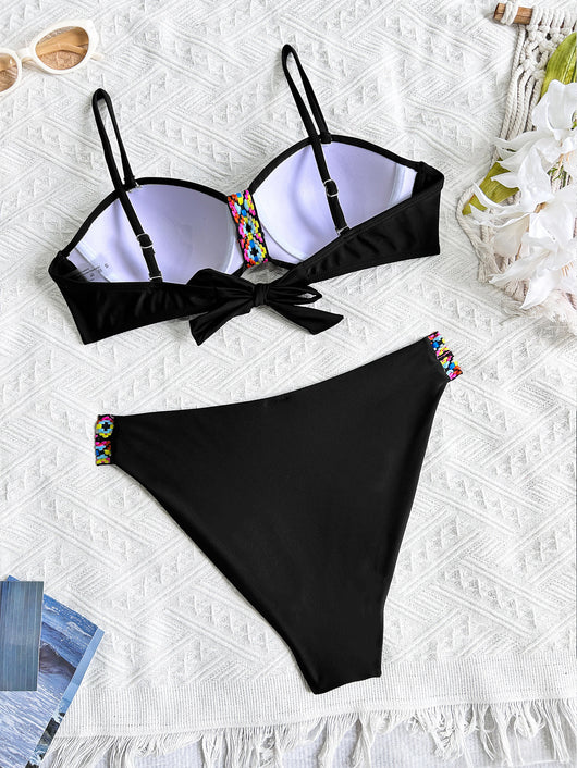 Black split bikini swimsuit for women with a bandeau top and high-cut bottom, featuring colorful geometric patterns. - Image 17