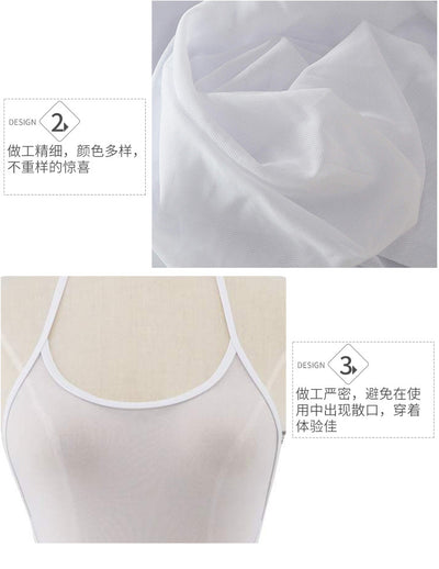 Sheer white high-cut one-piece swimsuit with spaghetti straps modeled on a woman. - Image 11