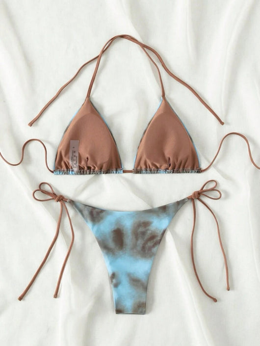 Women's two-piece bikini swimsuit with blue and neon yellow tie-dye pattern, featuring a triangle top and tie-side bottom. - Image 14