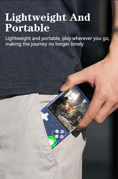 White handheld game console with a 4-inch HD screen, dual joysticks, and various buttons, shown with blue, black, and purple variants. - Image 12