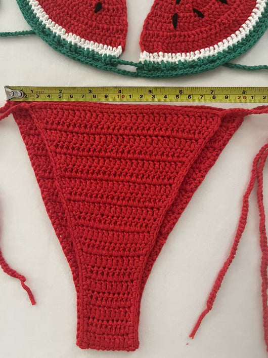 Handmade crocheted bikini with watermelon slice top in red, green, and white, and solid red tie-side bottoms. - Image 7