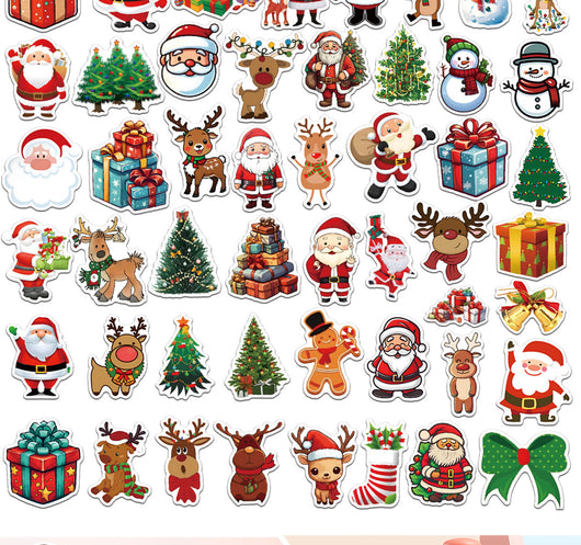 50-piece pack of cartoon Christmas waterproof stickers featuring Santa Claus, reindeer, snowmen, and gift boxes. - Image 11