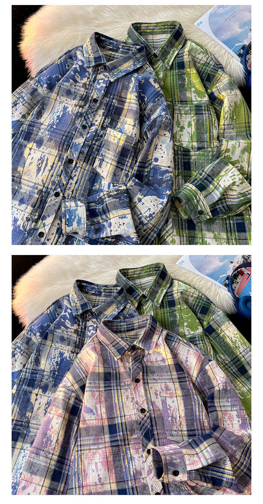 Camisa Holgada Cuadros Degradado con Estampado y Teñido - Image 15