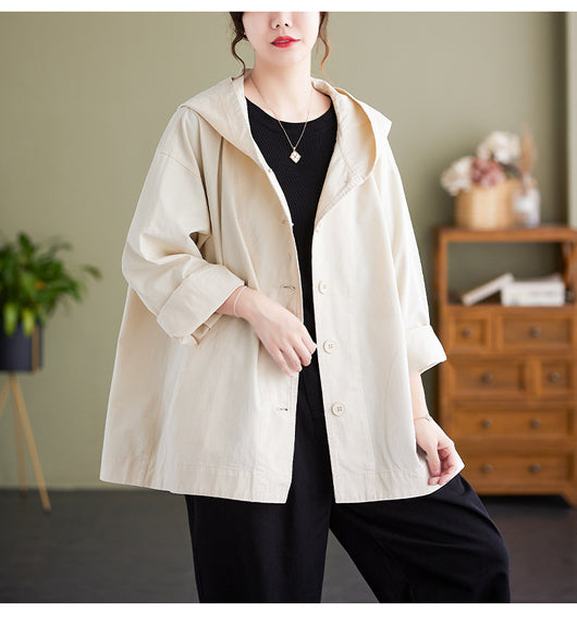 Abrigo Suelto con Capucha Mujer Retro Khaki Algodón Casual Costura Artística - Image 18