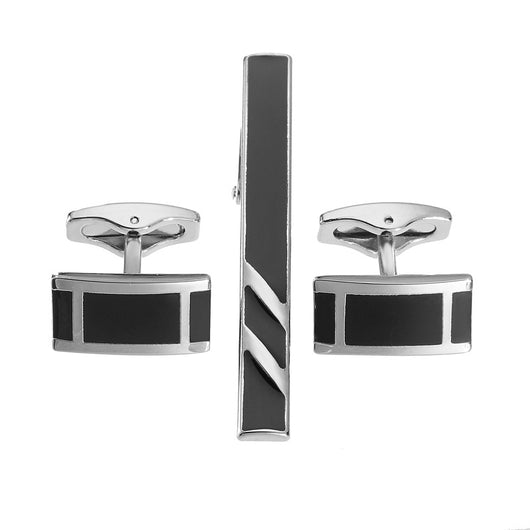 Set de Gemelos y Pasador de Corbata con Rayas Diagonales en Esmalte Negro y Plata - Image 7
