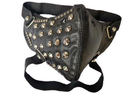 Black leather half-face mask with brass chains, spikes, and gear accents, featuring adjustable elastic straps. - Image 40