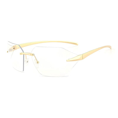 Trendy women's rimless cat-eye sunglasses with silver mirrored lenses and gold-colored metal temples. - Image 14