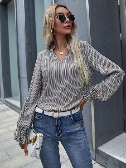 Blusa Rayada de Cuello V Suelta para Mujer - Diseño Original de Manga Larga - Image 15