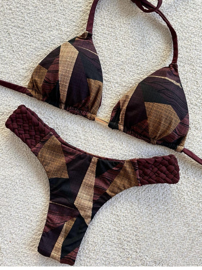 Women's blue, white, and gold marble print bikini with a triangle halter top and braided rope side details. - Image 20