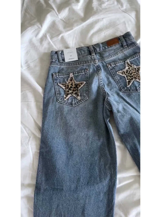 Jeans Vintage Americana con Estampado de Leopardo y Estrellas Bordadas - Image 15