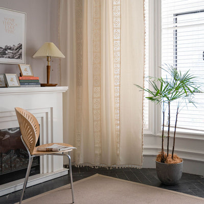Beige crochet and plaid stitching short curtain with tassels, made from polyester cotton, hanging in a cozy room. - Image 31