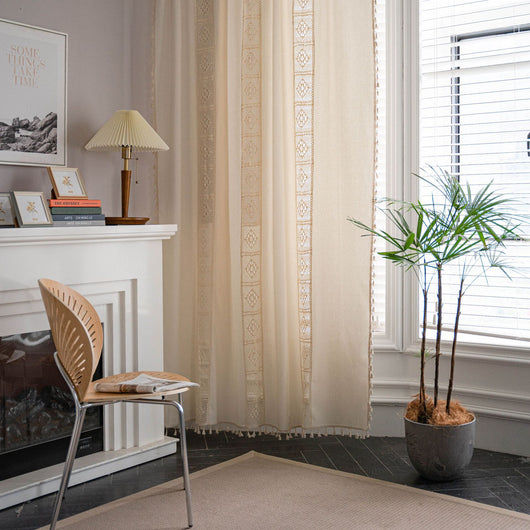 Beige crochet and plaid stitching short curtain with tassels, made from polyester cotton, hanging in a cozy room. - Image 31