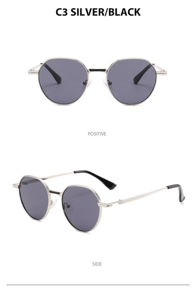 Round metal sunglasses with silver frames and dark gray lenses, featuring black temple tips, on a white background. - Image 34