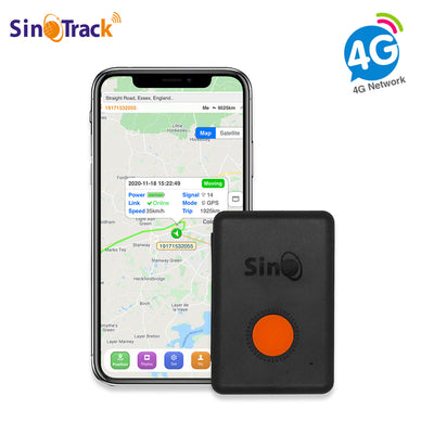 Sinotrack GPS tracker kit with black device, orange button, white charging cable, lanyard, pouch, and box. - Image 21