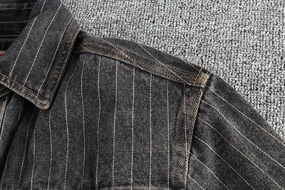 Camisa Denim Retro Británica a Rayas Negras y Grises para Hombre - Image 18