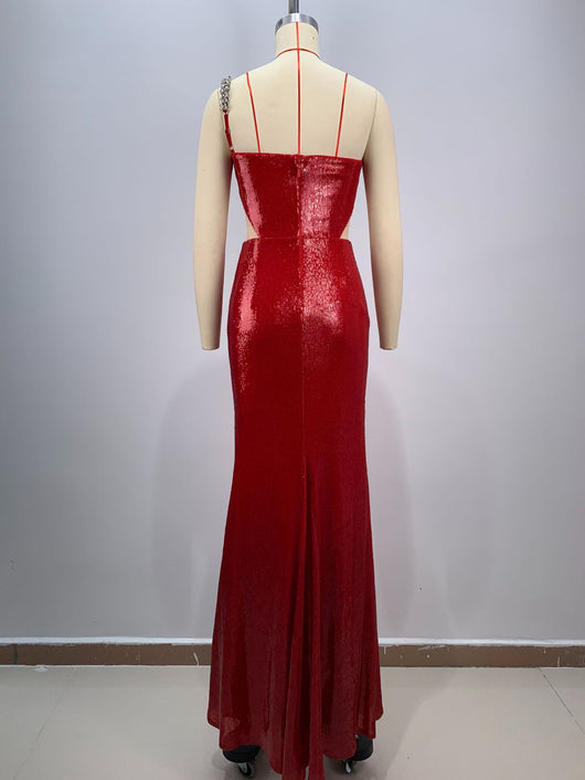 Vestido Rojo con Lentejuelas, Hombro Inclinado y Corte Midriff - Image 11