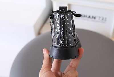 White toddler girls' boots with a holographic star pattern, lace-up front, and side zipper closure. - Image 21