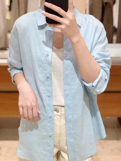 Camisa de Lino Azul Suelta - Comodidad Natural - Image 79