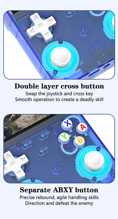 White handheld game console with a 4-inch HD screen, dual joysticks, and various buttons, shown with blue, black, and purple variants. - Image 26