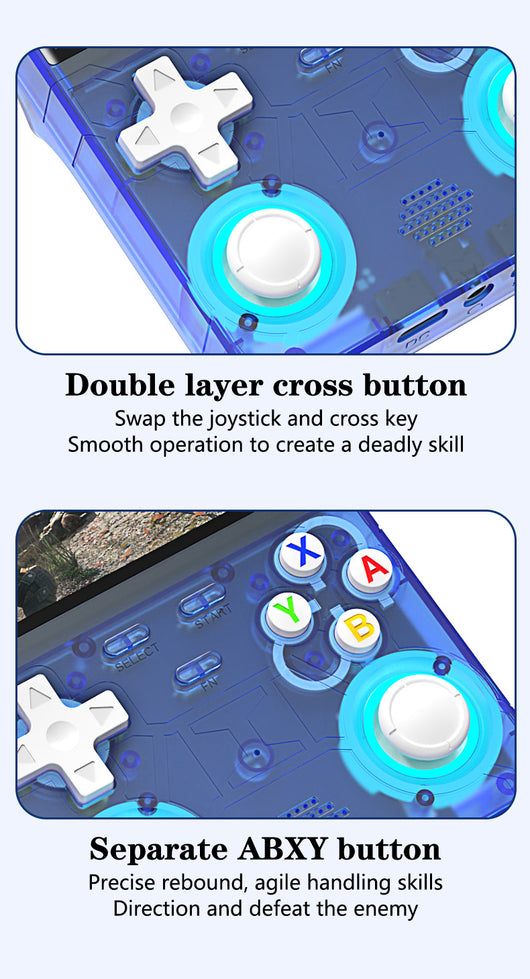 White handheld game console with a 4-inch HD screen, dual joysticks, and various buttons, shown with blue, black, and purple variants. - Image 26