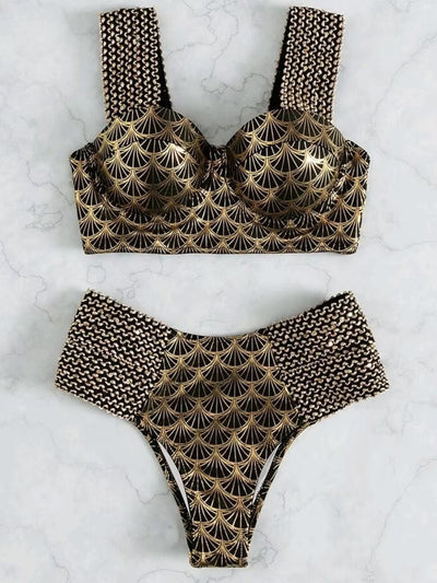 Women's high-waisted two-piece bronzing swimwear with black and gold art deco fan pattern and textured straps. - Image 20