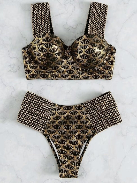 Women's high-waisted two-piece bronzing swimwear with black and gold art deco fan pattern and textured straps. - Image 20