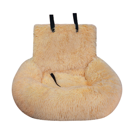 Dark gray plush pet bed with a high back and safety leash, designed for indoor use or as a car seat pad. - Image 11