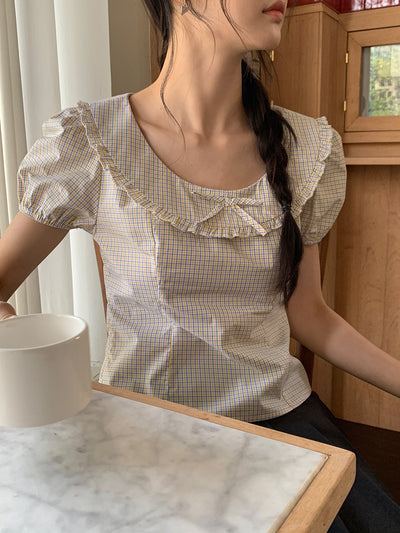 Blusa Corta Cuadros Retro con Escote Amplio - Image 40