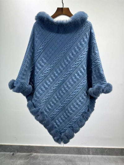 Poncho Tipo Capa de Punto Grueso con Cuello de Pelaje - Image 44