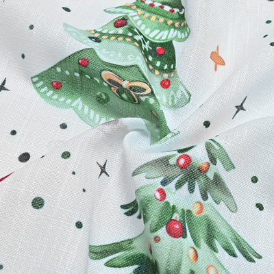 White Christmas curtains with green trees, red ornaments, and gold stars, hung on a silver rod. - Image 15
