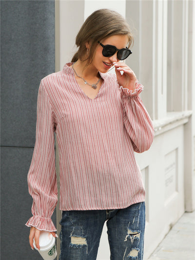 Blusa Rayada de Cuello V Suelta para Mujer - Diseño Original de Manga Larga - Image 10