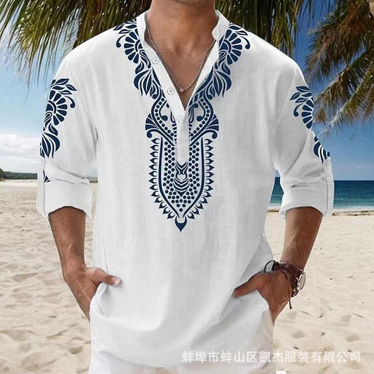 Camisa Casual de Playa con Cuello Mao Manga Larga para Hombre - Image 9