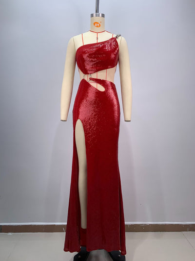 Vestido Rojo con Lentejuelas, Hombro Inclinado y Corte Midriff - Image 17