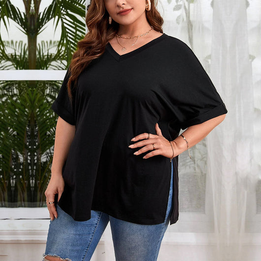 Blusa Suelta con Escote en V y Abertura Lateral - Camiseta Casual de Manga Corta - Image 10