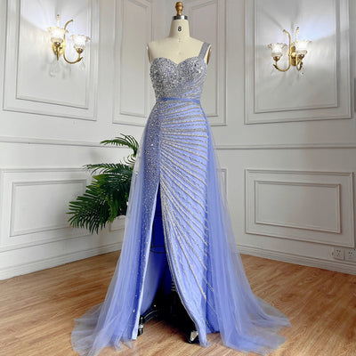 Vestido Fishtail Azul con Hombros Descubiertos y Cuentas Artesanales - Image 10
