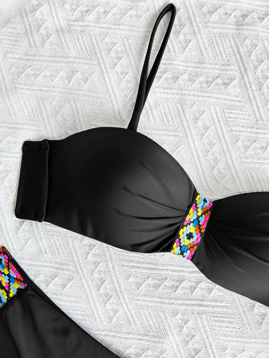 Black split bikini swimsuit for women with a bandeau top and high-cut bottom, featuring colorful geometric patterns. - Image 13
