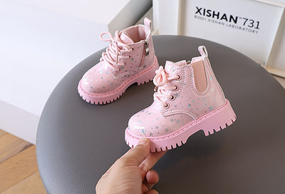 White toddler girls' boots with a holographic star pattern, lace-up front, and side zipper closure. - Image 37