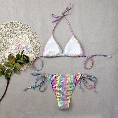 Gradient snakeskin print bikini with iridescent colors, triangle top, and tie-side bottoms. - Image 17