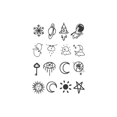 Sheet of 24 black outline doodle temporary tattoo stickers including a bow, heart, crown, sun, stars, and flowers. - Image 34