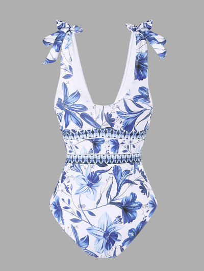 White and green floral print one-piece swimsuit with tie-shoulder straps and matching long chiffon skirt. - Image 18