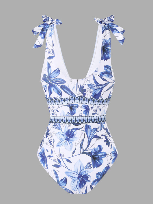 White and green floral print one-piece swimsuit with tie-shoulder straps and matching long chiffon skirt. - Image 18
