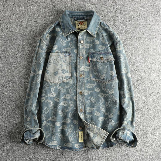 Camisa Denim Retro Lujo Suave con Patrón Paisley - Manga Larga Estilo Americano - Image 12