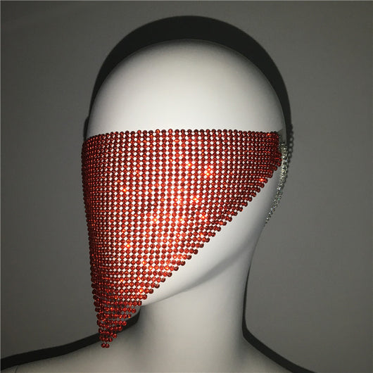 Gold rhinestone mask made of metal mesh, covering the face from the eyes to below the chin, displayed on a white mannequin head. - Image 43