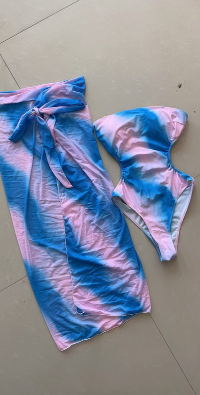 Blue ombre one-piece swimsuit with side cutouts and a matching blue ombre sarong with tie closure. - Image 18