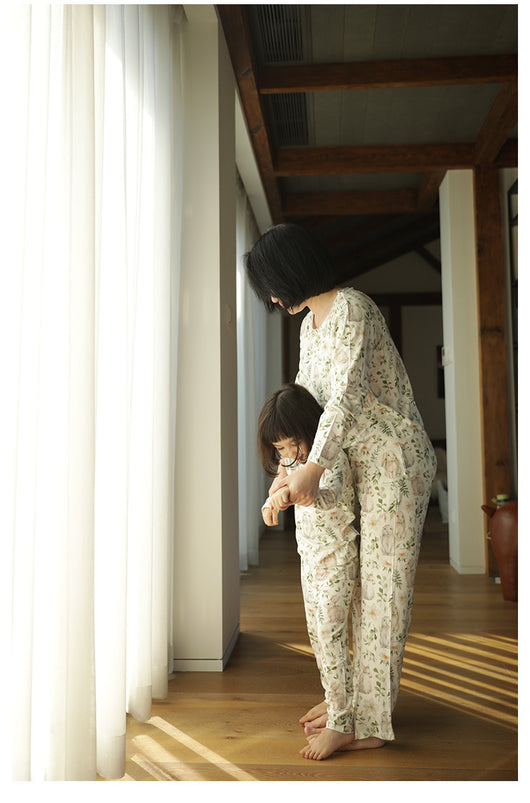 Bamboo cotton knitted parent-child pajama set with a pumpkin print long-sleeve top and solid light blue-grey pants. - Image 33