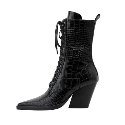 Botas Tacón Grueso Retro con Patrón de Piedra y Cordones - Estilo Fashion - Image 30